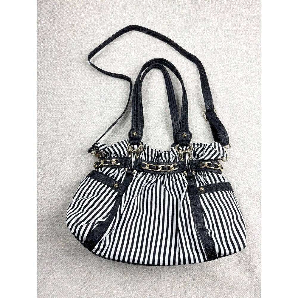 Wilsons Leather Hobo Shoulder Bag "Ellie" Black White Striped Chain Detail Strap